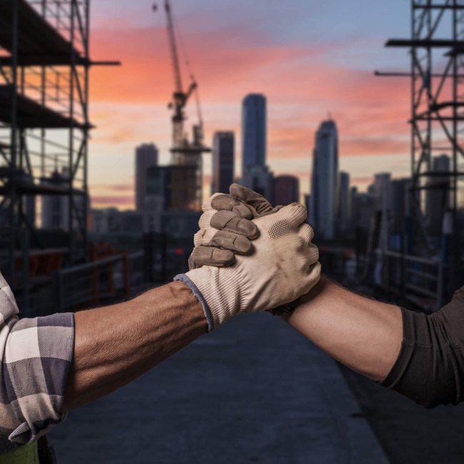 Construction site coordination Construction workers clasping hands on a high-rise site at sunset, with tower cranes and the city skyline behind them