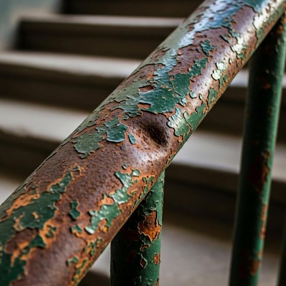 ADA and code Rusted handrail beside a stair flight, an ADA and building-code concern