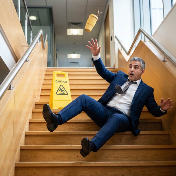 Slip hazards A person slipping on stairs beside a yellow wet floor caution sign