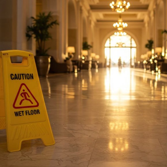 Wet floors Wet floor caution sign on a polished lobby floor