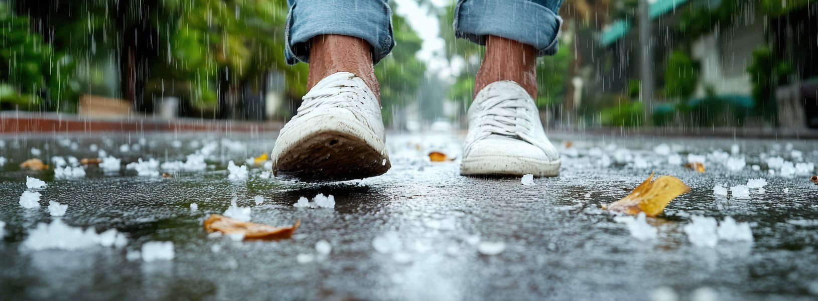 Slip hazard on a wet walking surface Forensic documentation of a walking-surface defect with a scale reference